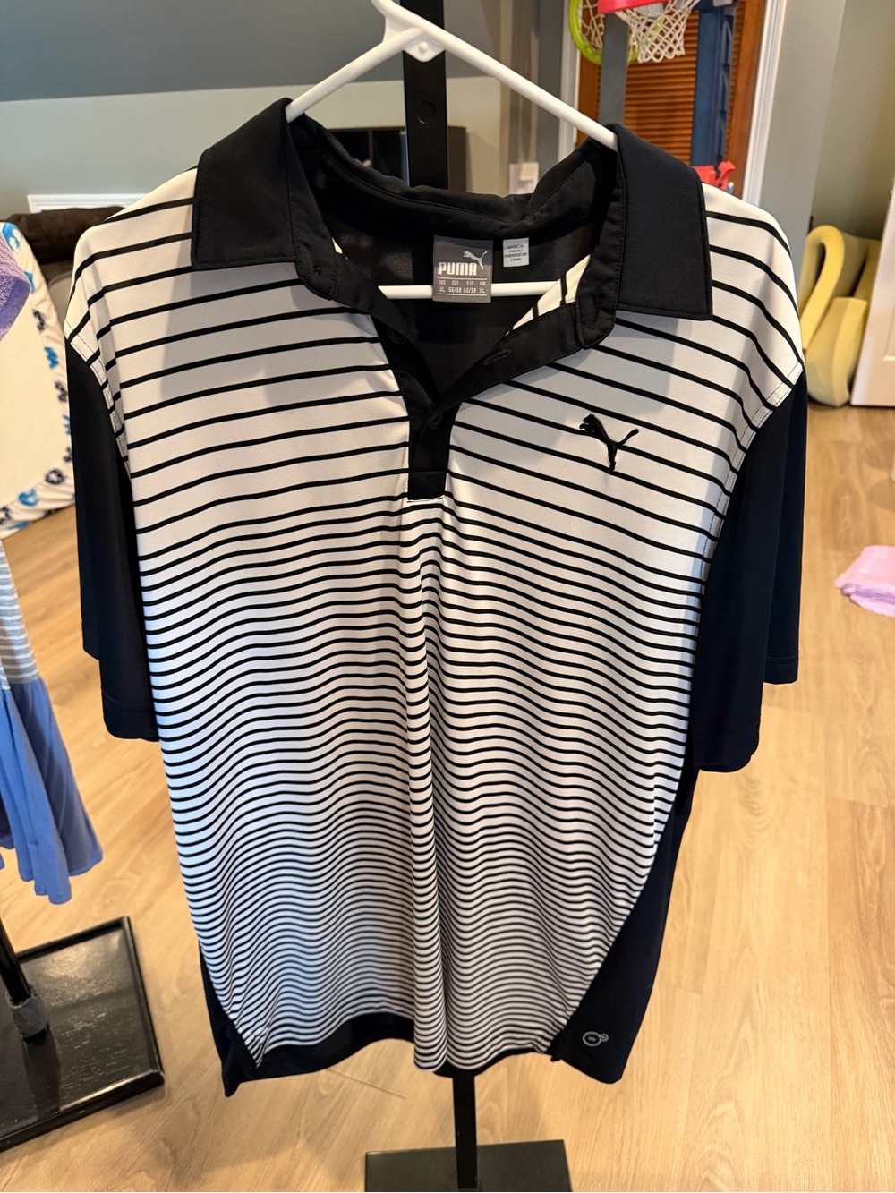 Puma Black & White Striped Performance Polo